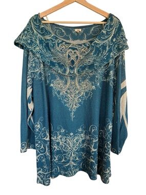 Reba Cowl Neck Knit Rhinestone Top 3X Blue Graphic Western Cowgirl